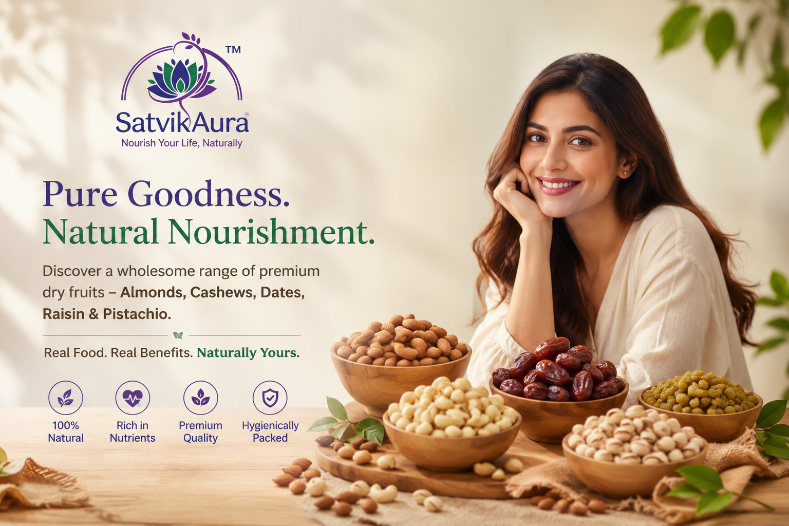 SatvikAura — Pure Goodness, Natural Nourishment. Premium almonds, cashews, dates, raisins and pistachios. 100% Natural, Rich in Nutrients, Premium Quality, Hygienically Packed.
