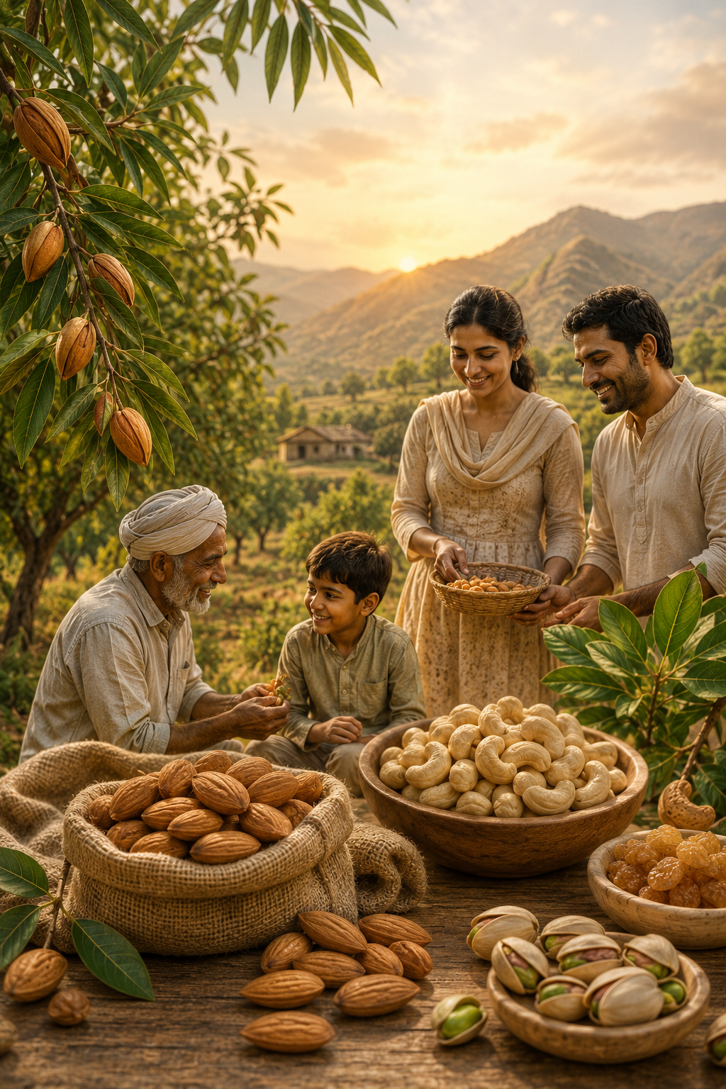 A family sharing premium SatvikAura dry fruits — almonds, cashews, raisins and pistachios — in an orchard at sunset